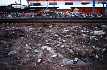 Russian railroad track surrounded by garbage transport