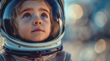 Close-up of a child wearing an astronaut helmet, gazing upward with a look of wonder, with a blurred background conveying a sense of exploration and adventure. - obrazy, fototapety, plakaty