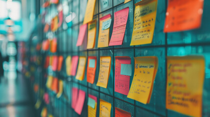 A wall covered with colorful sticky notes, some with hand-written messages, diagrams, and symbols.
