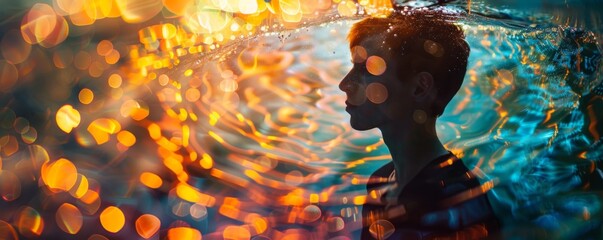 Man's silhouette underwater with light play - A surreal portrayal of a man's silhouette underwater, infused with light and bokeh effects that evoke a dreamlike state