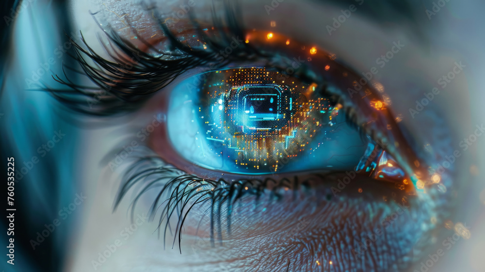 Poster close-up of a human eye reflecting an advanced digital interface. the detailed image captures the fu