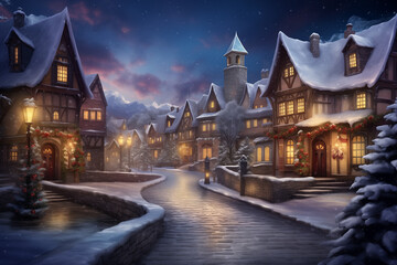Fototapeta na wymiar Illustration for a Winter Greeting Card, A Charming Winter Town Before Christmas. Depicts a Cozy Scene with Snow-Covered Houses, Twinkling Lights, and Festive Decorations. Invites Warmth