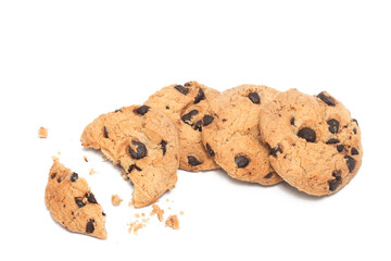 Group of chocolate chip cookies with broken crumble top view isolated on white background clipping path