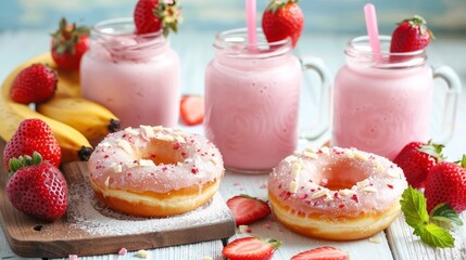 Sugar donuts served with strawberry and banana milkshakes and strawberries over white wooden backgrouond