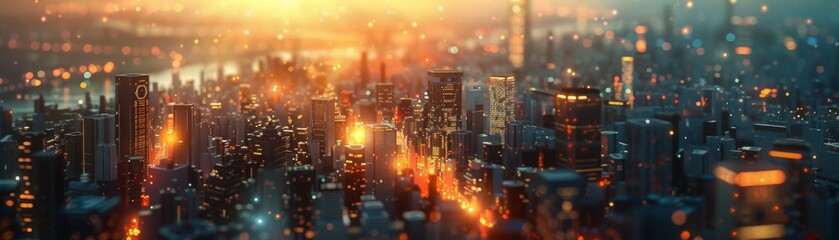 Vibrant cityscape in warm sunset glow - A breathtaking panoramic view of a bustling futuristic metropolis bathed in the warm glow of sunset, illuminated by countless lights