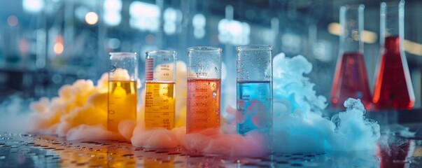 Vibrant chemical reactions in scientific beakers - Colorful liquids in beakers effervescing with smoky reactions in a scientific research laboratory - obrazy, fototapety, plakaty