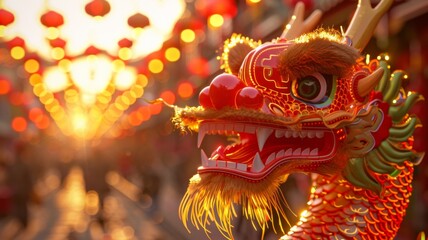 Vibrant Dragon Dance In Chinese Festival - A stunning dragon puppet in a vibrant traditional Chinese festival setting with glowing lanterns