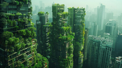 Futuristic cityscape with skyscrapers and buildings covered in lush greenery under a hazy sky, depicting an eco-friendly urban environment concept.