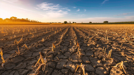 Dry soil in the field at sunset time, Global warming concept