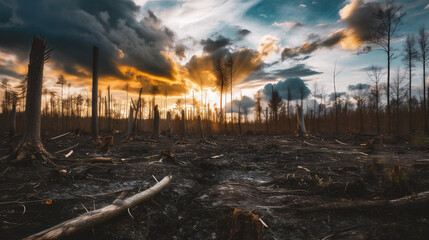 Burned forest after a forest fire at sunset, panoramic view