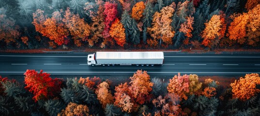 Aerial drone view of car and truck traffic on highway road, top down perspective