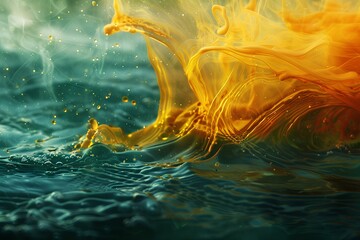 A painting of a wave with a yellow and orange substance in the middle of it and a yellow and orange