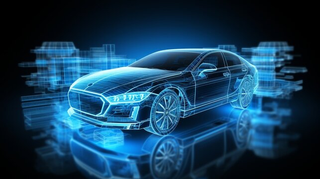 Futuristic electric car with holographic wireframe digital technology background