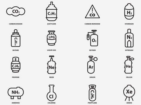 type of industrial gas outline icon sign symbol collection isolated on white backgrouns.Collection of industrial compressed gas cylinders or tanks