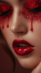 Red makeup smudges and drips on model s face, lips, nails   glossy lips and metallic skin accents