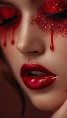 Fototapeta premium Red makeup smudges and drips on model s face, lips, nails glossy lips and metallic skin accents