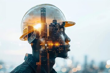 Construction worker overlay with cityscape. A conceptual image blending a construction worker's silhouette with a vivid cityscape, symbolizing urban development and the workforce that builds it - obrazy, fototapety, plakaty