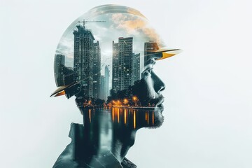 Construction worker overlay with cityscape. A conceptual image blending a construction worker's silhouette with a vivid cityscape, symbolizing urban development and the workforce that builds it
