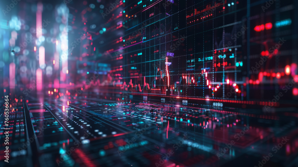 Poster abstract concept of financial data analysis with a futuristic look, depicting glowing digital graphs
