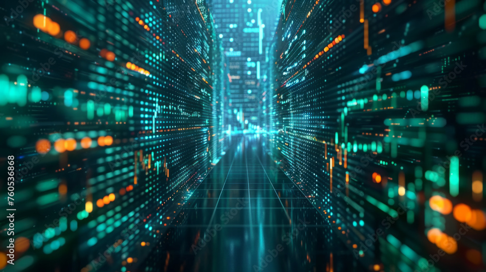 Poster futuristic digital data center with server racks, glowing led lights, and high-speed data transmissi