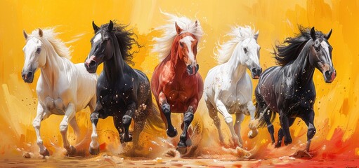 Horses galloping in the sky, colorful, majestic and powerful