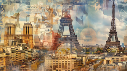 Paris famous landmarks collage - obrazy, fototapety, plakaty