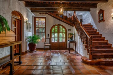Fototapeta na wymiar The spacious entrance hall of an old Spanish house with a wood staircase, terracotta tiles and a wooden handrail 