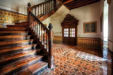 The spacious entrance hall of an old Spanish house with a wood staircase, terracotta tiles and a...