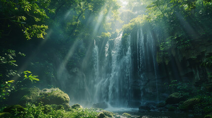 Majestic waterfall cascading over lush cliff amidst vibrant green forest with sunrays piercing through mist - obrazy, fototapety, plakaty