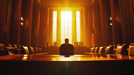 a mysterious person sits at the large table against the light in the office or courtroom - obrazy, fototapety, plakaty