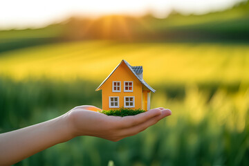 Wooden toy house on palm of hand among green grass and sun. Mortgage concept. Ecological settlements symbol. Eco-friendly house in countryside. - obrazy, fototapety, plakaty