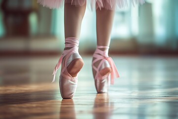 Legs of ballerina girl in cute pink pointe shoes in dance class. Lesson, ballet rehearsal. AI...
