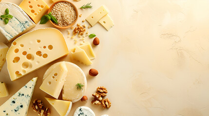 Various types of cheese, nuts loaf on a yellow background. Copy space for text, banner. AI Generative