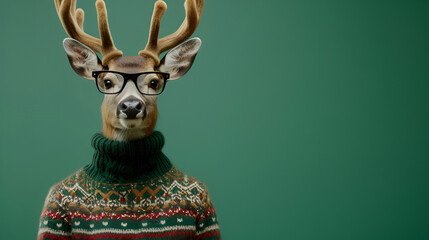 Humanized Stylish deer in woolen sweater and glasses on green background. Advertisement, banner, copy space. Christmas and New Year. Sale, fashion and style concept. AI Generative