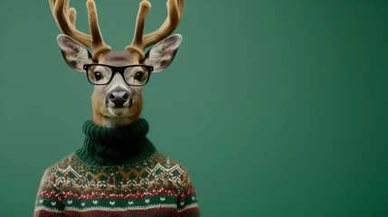 Tuinposter Humanized Stylish deer in woolen sweater and glasses on green background. Advertisement, banner, copy space. Christmas and New Year. Sale, fashion and style concept. AI Generative © Elena