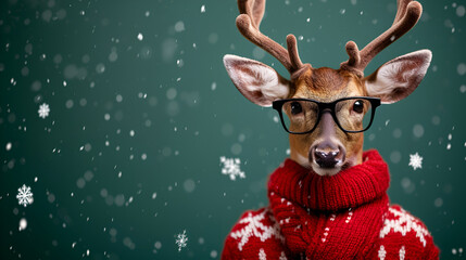 Humanized Stylish deer in woolen sweater and glasses on green background. Advertisement, banner, copy space. Christmas and New Year. Sale, fashion and style concept. AI Generative - obrazy, fototapety, plakaty