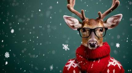 Deurstickers Humanized Stylish deer in woolen sweater and glasses on green background. Advertisement, banner, copy space. Christmas and New Year. Sale, fashion and style concept. AI Generative © Elena