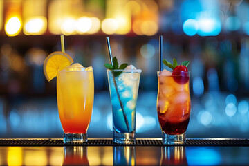 Set of various fresh cool alcoholic drink cocktails on bar counter in night club. Lights bokeh. Blue Lagoon, Tequila Sunrise for menu. AI Generative.. - obrazy, fototapety, plakaty