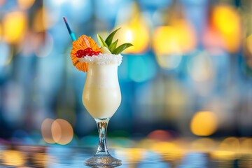 Fresh cool alcoholic drink cocktail on bar counter in night club. Pina colada. Lights bokeh. copy space for text. For menu. AI Generative.. - obrazy, fototapety, plakaty