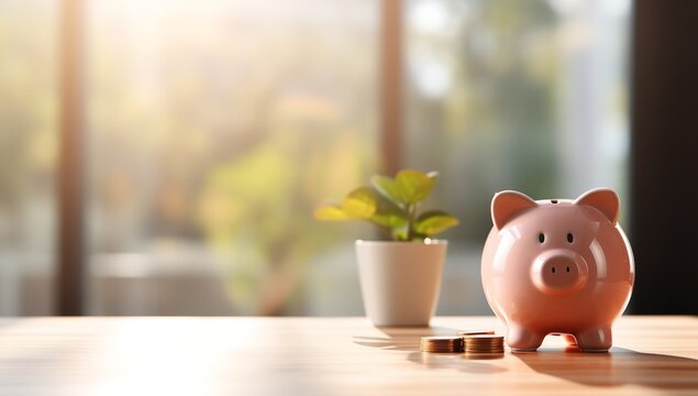 Pink Piggy Bank Stands on Table: Financial Planning Concept

