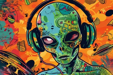 A vibrant pop art illustration of an alien with headphones immersed in a world of psychedelic patterns and musical elements.