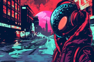 A striking astronaut in a spacesuit stands out against a neon-lit cityscape, exploring an urban world under a pink sky. - obrazy, fototapety, plakaty