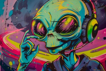 A contemplative alien figure with headphones is depicted in a striking graffiti artwork with a cosmic backdrop.