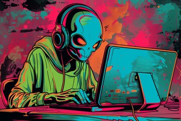 An alien is deeply focused on a task at a retro-style computer terminal, surrounded by a splatter of neon graffiti.