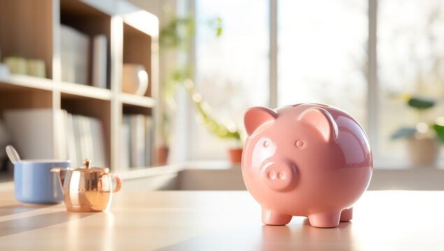 Pink Piggy Bank Stands on Table: Financial Planning Concept

