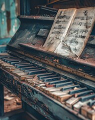 An old piano with broken keys, the music sheets on it have been torn off and thrown away, in an abandoned living room with natural light
 - obrazy, fototapety, plakaty