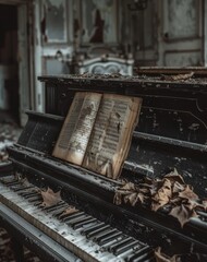Fototapeta na wymiar An old piano with broken keys, the music sheets on it have been torn off and thrown away, in an abandoned living room with natural light 