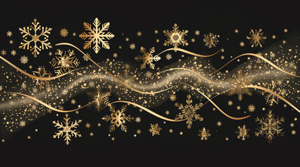  Snowflakes border in wave shape. Golden snowflakes with stars border. Golden snowflakes wave vector. Christmas decoration

