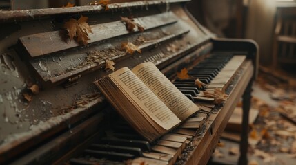 An old piano with broken keys, the music sheets on it have been torn off and thrown away, in an abandoned living room with natural light
 - obrazy, fototapety, plakaty