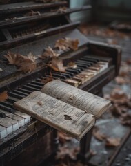 An old piano with broken keys, the music sheets on it have been torn off and thrown away, in an abandoned living room with natural light
